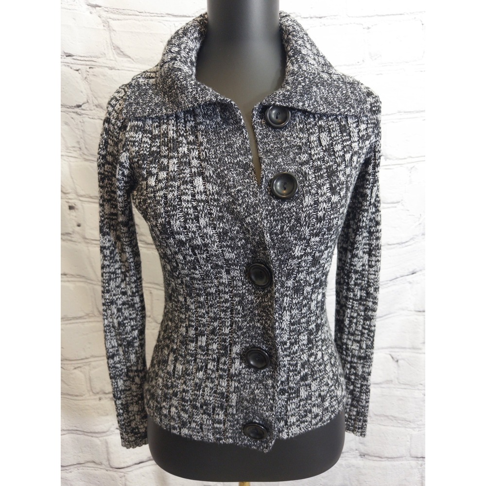 Hillard & Hanson Cardigan Sweater Womens Small‎ Black White Marled Button Front